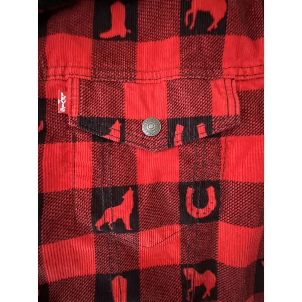 Levi’s Premium Sherpa Trucker Jacket XL Red Plaid Western Print New